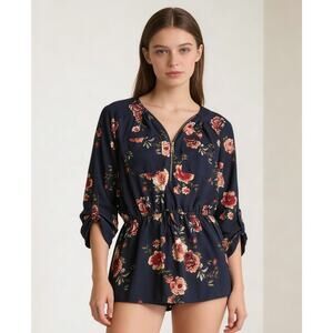 J for Justice Womens Floral Navy Blue Blouse Top Large Sinched Waist 3/4 Sleeves